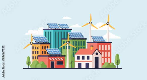 Illustration of a Cityscape with Wind Turbines, Renewable Buildings, Greenery Against a LightBlue Sky