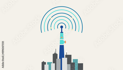 Flat cityscape featuring a blue tower emitting radio waves over skyscrapers, captured in a stylized flat graphic against a clean backdrop