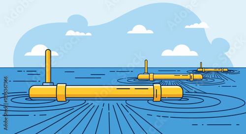 Floating Yellow Pipes on Blue Water with Rippling Ripples, Sunny Sky and Clouds in Cartoonish Illustration Viewed From Above