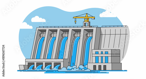 Operating Hydroelectric Dam with Crane on Riverbank, Cartoon Illustration of Concrete Structure, Gates Open, Water Flowing, Sky View