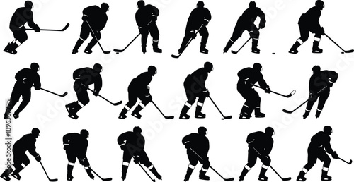 Ice hockey icons, player silhouettes, sports action, puck control, skating motion, athletic graphic, team sport, flat vector illustration