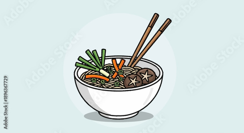 Delicious bowl of noodles with chopsticks and fresh ingredients.