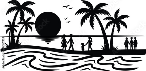 Silhouette vector beach scene with palm trees and family walking holding hands at sunset over calm ocean waves low angle side profile near shoreline peaceful evening