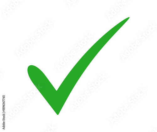 Green check mark icon on transparent background, hand drawn approved verified symbol, flat correct confirmation tick mark, checklist sign, validation success tick mark. Vector illustration.