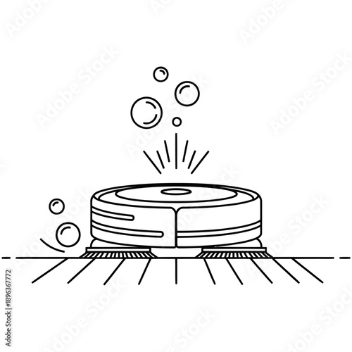 Modern robotic vacuum cleaner emitting bubbles while washing a smooth floor surface minimalist sketch style
