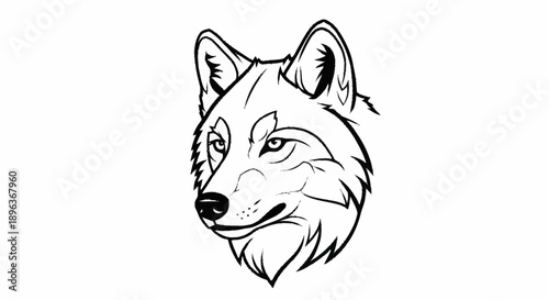 Detailed black and white illustration of a wolfs head.