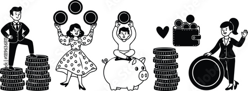 Line art flat design family saving money with piggy bank and stacked coins woman holding large coin man standing on coin stack smiling child juggling coins