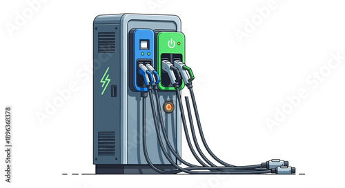 Illustration of a modern electric vehicle charging station with multiple charging ports, ready for use.