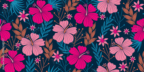 Pink hibiscus pattern. Botanical on black Seamless pattern. Exotic Pink Hibiscus. Motif Hawaiian summer. Beautiful floral, exotic floral print on navy blue background. Lovely Pink hibiscus flower.