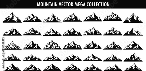 Mega collection of mountain vector silhouettes with snow peaks, isolated ridge icons for outdoor landscape design, hiking logos, and adventure graphics.