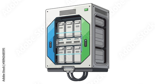 Illustration of a futuristic storage unit with multiple compartments, containing various rectangular items.