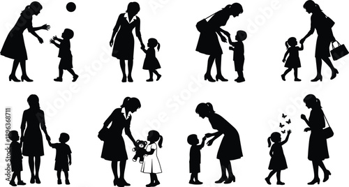 Mother, child, silhouette, interaction, black, white, parenting, bonding, care, nurture, play, talk, walk, love, family, vector, design, icon, illustration, emotion