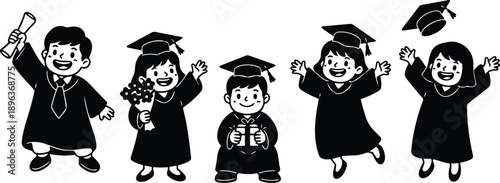 Retro cartoon 90s vector art children graduation ceremony five kids in caps and gowns throwing hats holding diploma bouquet celebrating joyful black and white smiling playful