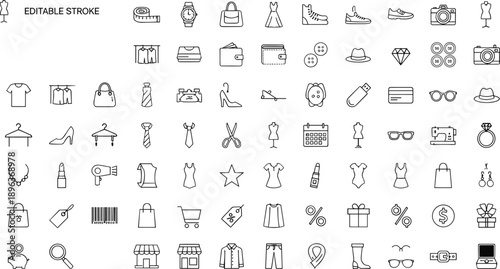 Fashion shopping icon set, editable stroke line icons, clothing accessories symbols, dresses shoes bags wallet jewelry sale tags, retail ecommerce collection