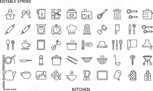 Kitchen icon set, editable stroke line icons, cooking utensils and appliances symbols, pots pans blender knife scale grater cookware collection