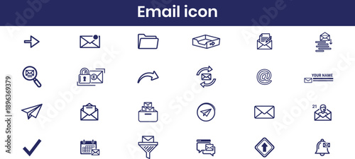 Mailing icon set. Containing mail, email, mailbox, letter, send, receive, post office and envelope icons. Solid icon collection. Vector illustration.