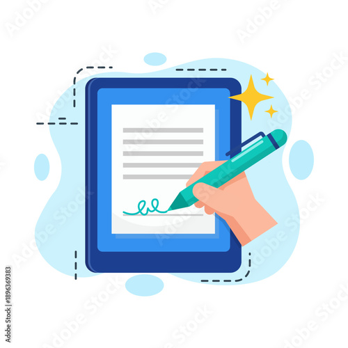Signing digital contract on tablet screen secure authentication process flat design vector empty state ui illustration