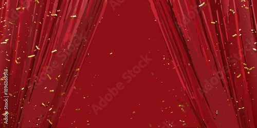 Elegant red curtains with gold confetti falling creating a dramatic stage backdrop