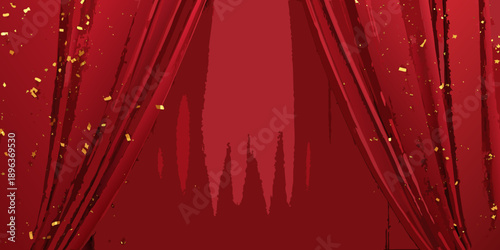 Red velvet curtains with gold sparkles create a dramatic stage background