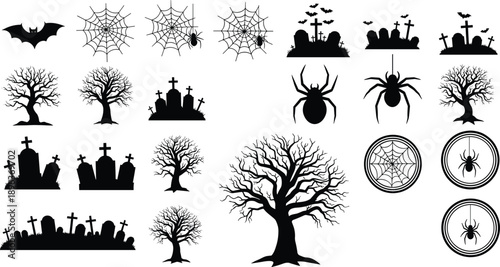 Set of black Halloween silhouettes with spooky trees, graveyard tombstones, spider webs, bats, and spiders, isolated vector elements for holiday design.
