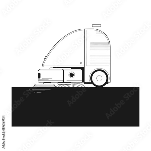 Detailed illustration of a ride on floor scrubber in profile on a clean surface