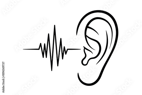 Black line illustration of a human ear with a sound wave coming out of it