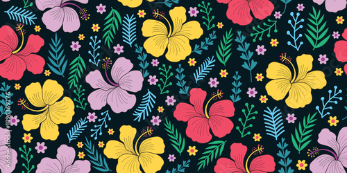 colorful hibiscus pattern. Beautiful, seamless botanical fabric patterns in colorful. Exotic Hibiscus. Motif Hawaiian summer. Beautiful Timeless ditsy flora on black. Vibrant hibiscus flower pattern.