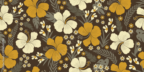 Tropical botanical Seamless pattern. Earth Tones Hibiscus pattern.motif exotic hibiscus design. Hawaiian shirt summer design. Monochromatic floral, Yellow floral patterns. vintage hibiscus flower.