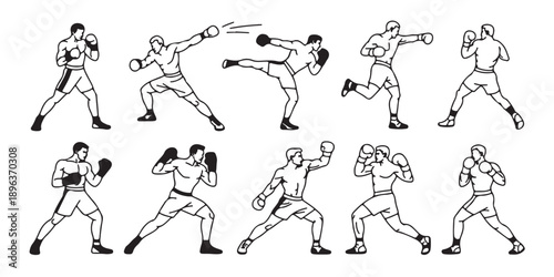 Boxing fighter sport action poses, dynamic athlete training, combat fighting men, isolated on white background, graphic illustration
