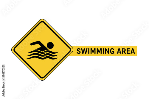 Yellow swimming area sign with a person swimming on a for safety warnings and pool signs
