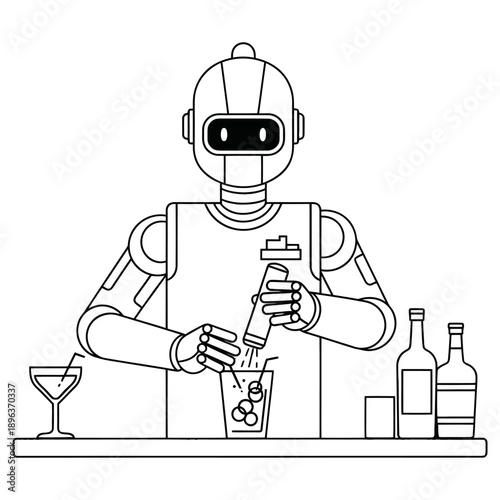 Robot bartender mixing cocktail with shaker and bottles on counter in futuristic illustration