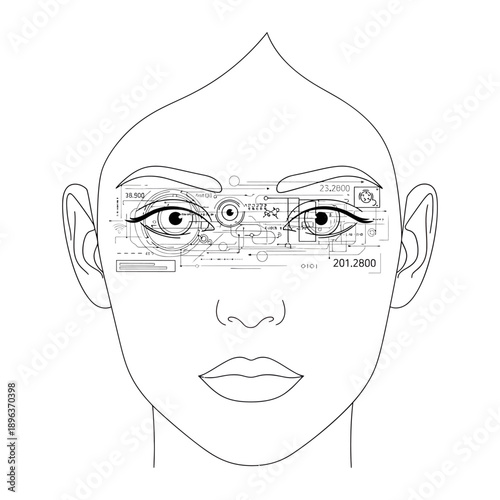 Futuristic bald human face with circuit board design across eyes and technical specs on forehead representing ai and technology concept