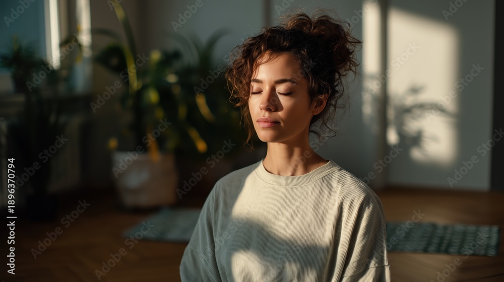 Obraz premium Woman Meditating in Sunlight at Home for Wellness