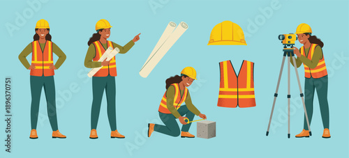 Female Civil Engineer Vector Set, International Women’s Day 2026, Give To Gain. Women in STEM, leadership, technical industries. 