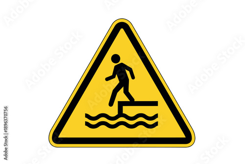 Yellow warning sign with a person falling into wavy water on a triangular caution symbol