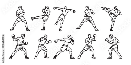 Set of black and white line art vector graphic of boxer man doing various fighting moves and poses for sport and training purposes