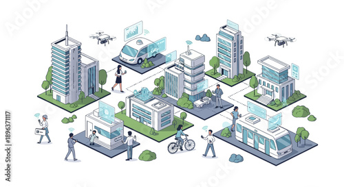 An isometric illustration of a futuristic smart city with a person riding a bicycle, surrounded by buildings, greening, and technology, conveying a concept of sustainable urban planning and