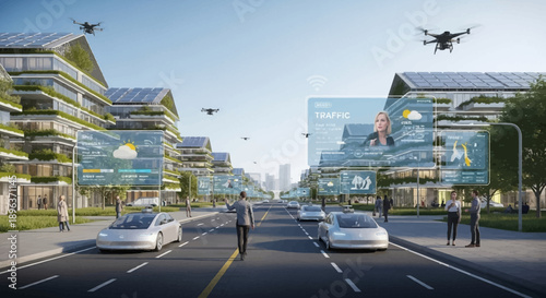 Illustration of a futuristic smart city street with green buildings, flying drones, and a person standing in the middle of the road, surrounded by digital screens and a blue sky.
