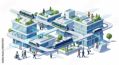 Illustration of a futuristic smart city with green rooftops and a drone flying above a multi-level urban complex with people and a train.