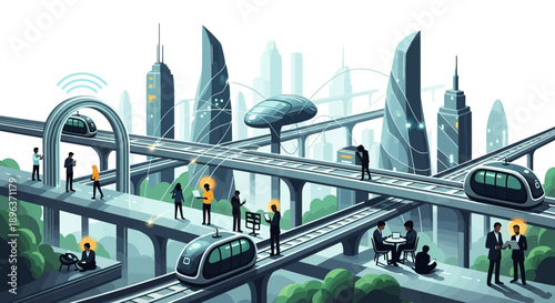 Illustration of a futuristic smart city with people walking and using transportation on elevated walkways and roads, surrounded by green spaces and modern buildings.