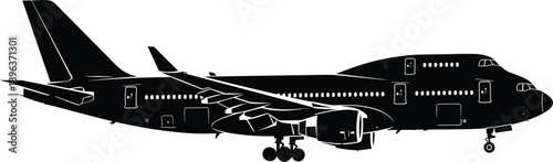 Airplane silhouette, Boeing 747, wide-body jet, four engines, landing gear, aviation vector, black and white, commercial aircraft, flight, travel, transportation, 