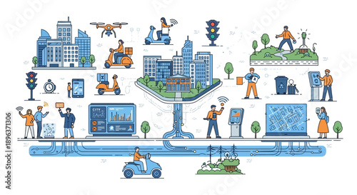 Illustration of a smart city concept with people, buildings, technology, and greening elements, showcasing future urban planning and design.