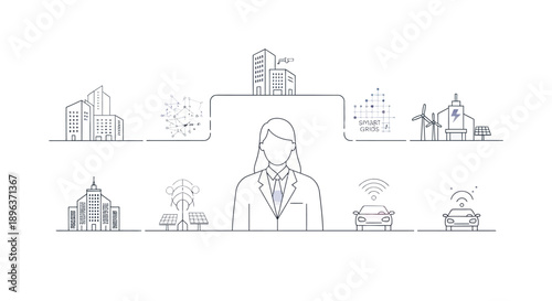 Vector illustration of a person connected to various smart city and greening concepts with technology and industry elements in a futuristic design.