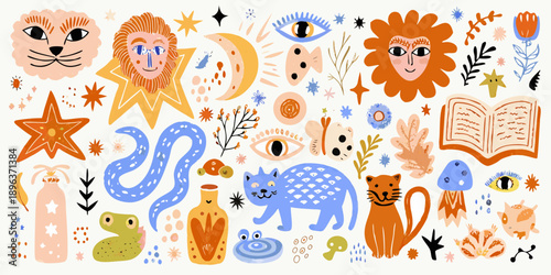 A whimsical illustration featuring lions celestial elements and magical creatures