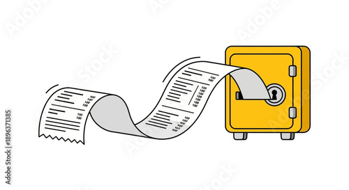 Financial Security Concept: Long Receipt Scroll Feeding into a Yellow Safe Box. Budgeting, Saving, or Expense Tracking Illustration.