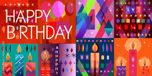 Colorful abstract birthday background with vibrant patterns and celebratory text