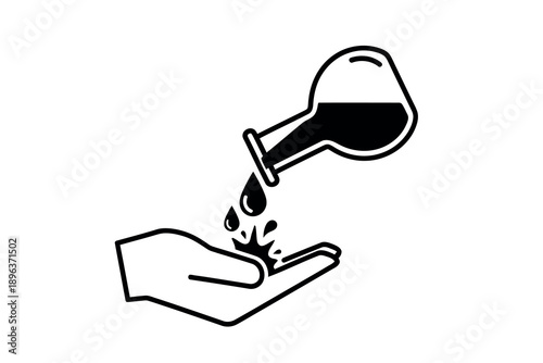 A hand receiving a liquid drop from a beaker in a simple black line drawing