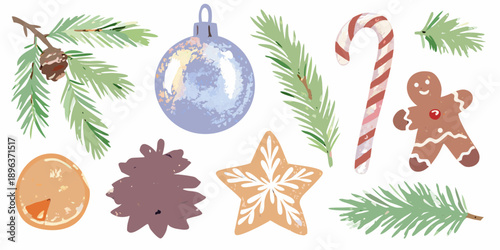 Festive christmas decorations including ornaments pine branches and sweet treats