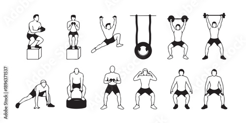 Set of dynamic line art illustrations showcasing individuals performing intense workouts and weightlifting routines on a transparent background, sports and fitness theme