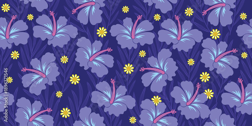 Blue Hibiscus pattern. Tropical botanical Seamless pattern. motif exotic hibiscus design.  Hawaii design for summer. beautiful lovely floral  on navy blue, Tropical floral patterns. hibiscus flower.